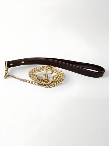 Elegant Nubuck Leather Leash featuring a rich earthy tone, heavy-duty chain, and quick-release trigger hook, perfect for refined pet care.
